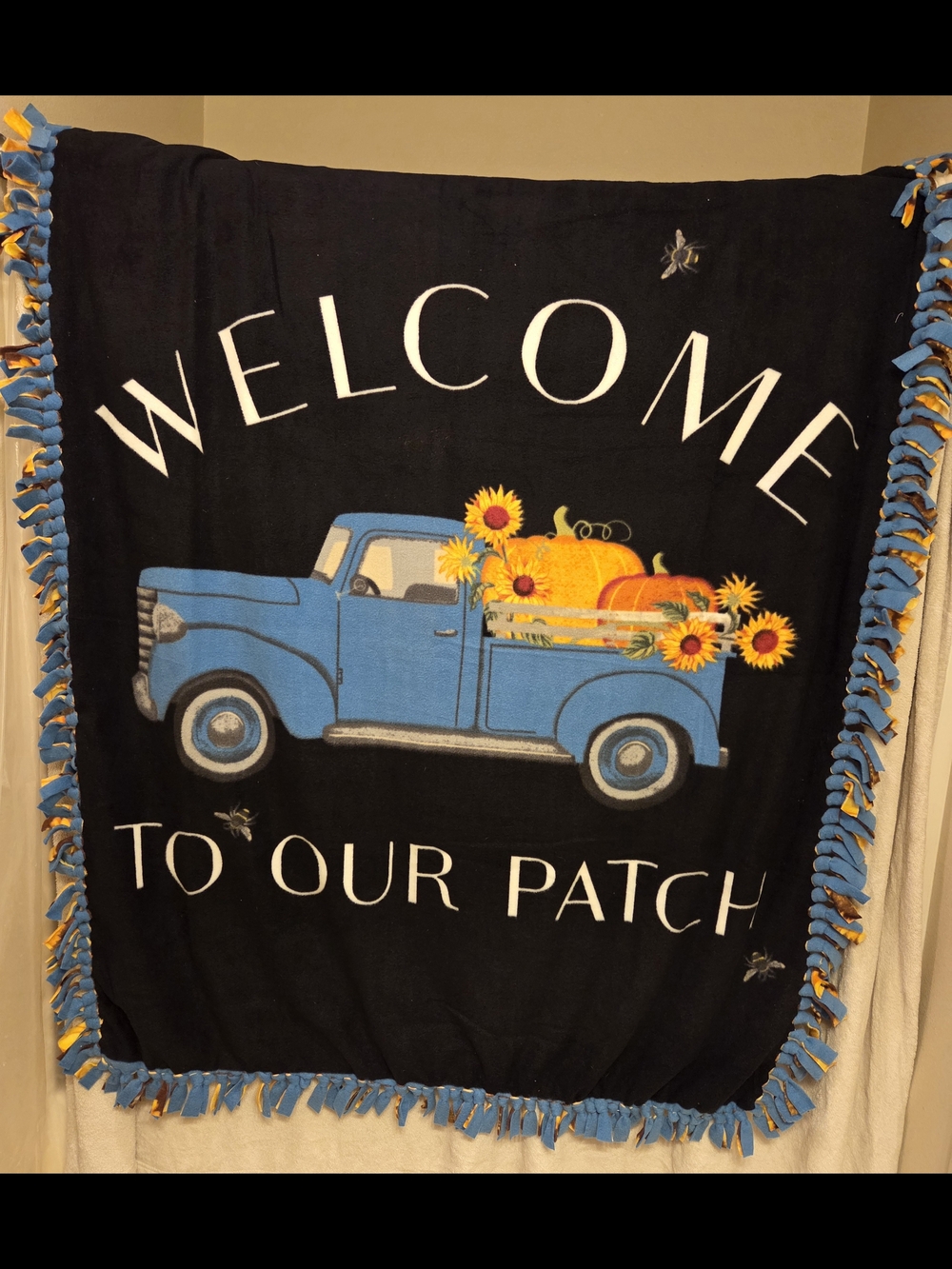 Welcome to Our Patch Blue Truck Throw with Pumpkins & Sunflowers